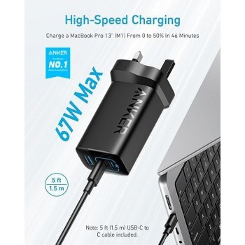Anker 335 Charger 67W USB C Wall Charger, PIQ 3.0 Compact and Foldable Fast Charger Adapter, For Laptop, iPhone 16/15 Series, MacBook Pro, iPad, Samsung S25/S24, Pixel, and More (5 ft Cable Included)