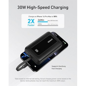 Anker Zolo Power Bank, 20,000mAh 30W High-Speed Portable Charger with Built-In USB-C Cable, Battery Pack For iPhone 16/16 Plus/16 Pro/16 Pro Max/15 Series, Galaxy, and More (Black, 20000 mAh)